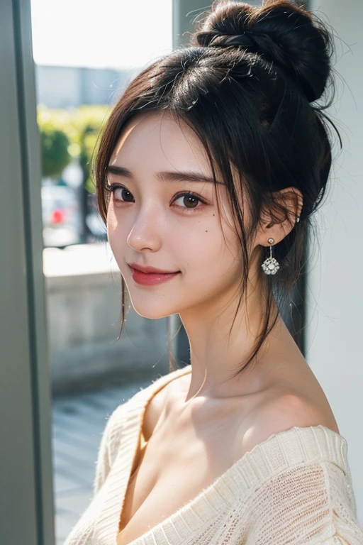 (2 pure Japanese girl,), (Small breasts:1.5,),(Mole on left side of neck:1.5),(solo,,Textured skin, Detailed skin,Detailed face,Detailed eyes,detailed posing,Natural eyebrows,Sparkling Eyes,High detail, Highest quality, Super detailed, Surrealism, ,8k,RAW Photos,Photographicism,Professional Lighting,Ray Tracing,Portrait Photography,Natural Light),(((Black Hair, Natural Makeup,Simple earrings, Low bun hairstyle,))),(((V-neck sweater,smile,Shopping at the outlet mall)))