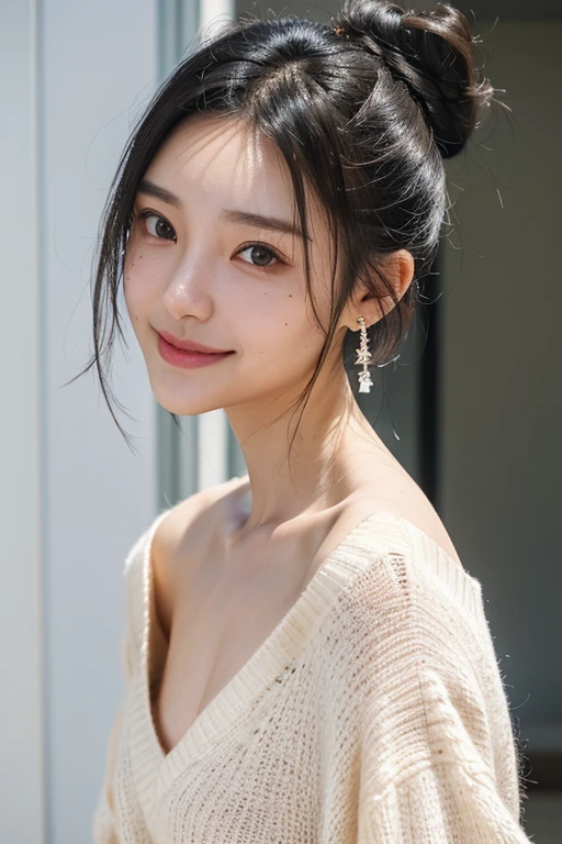 (2 pure Japanese girl,), (Small breasts:1.5,),(Mole on left side of neck:1.5),(solo,,Textured skin, Detailed skin,Detailed face,Detailed eyes,detailed posing,Natural eyebrows,Sparkling Eyes,High detail, Highest quality, Super detailed, Surrealism, ,8k,RAW Photos,Photographicism,Professional Lighting,Ray Tracing,Portrait Photography,Natural Light),(((Black Hair, Natural Makeup,Simple earrings, Low bun hairstyle,))),(((V-neck sweater,smile,Shopping at the outlet mall)))