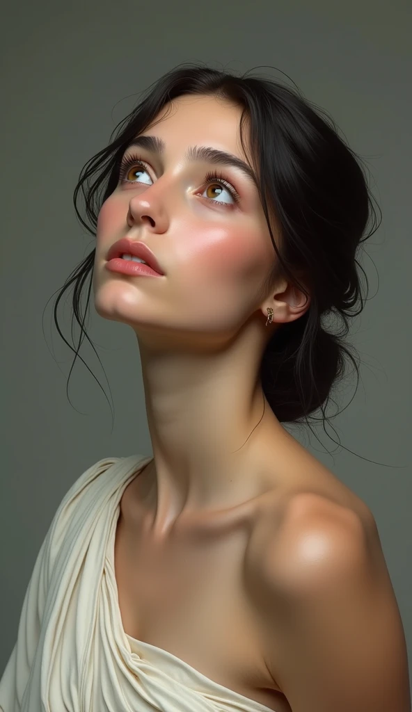 A Greek female face looks up, ((small breasts covered))