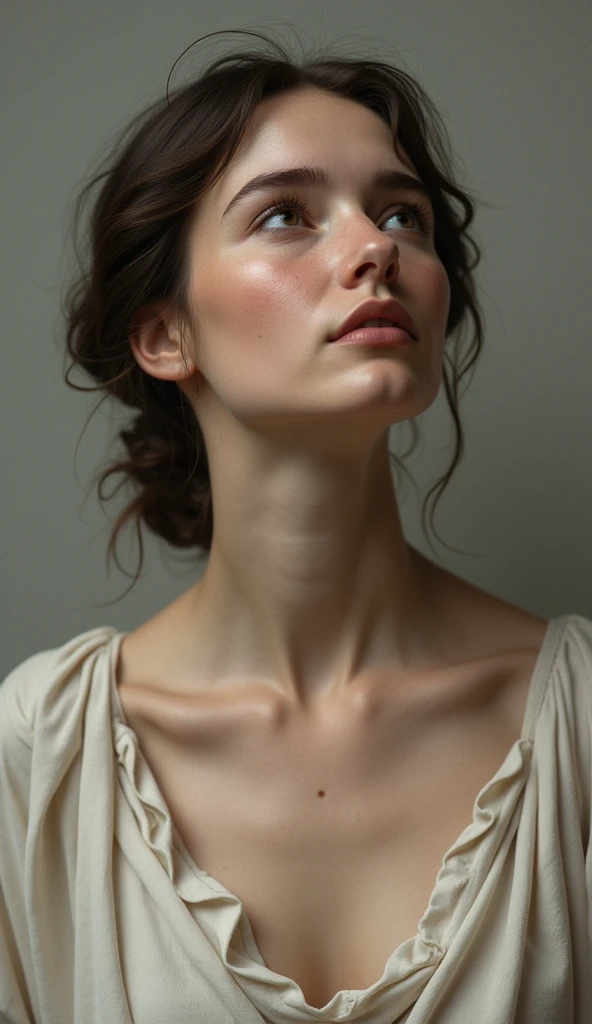 A Greek female face looks up, ((small breasts covered))
