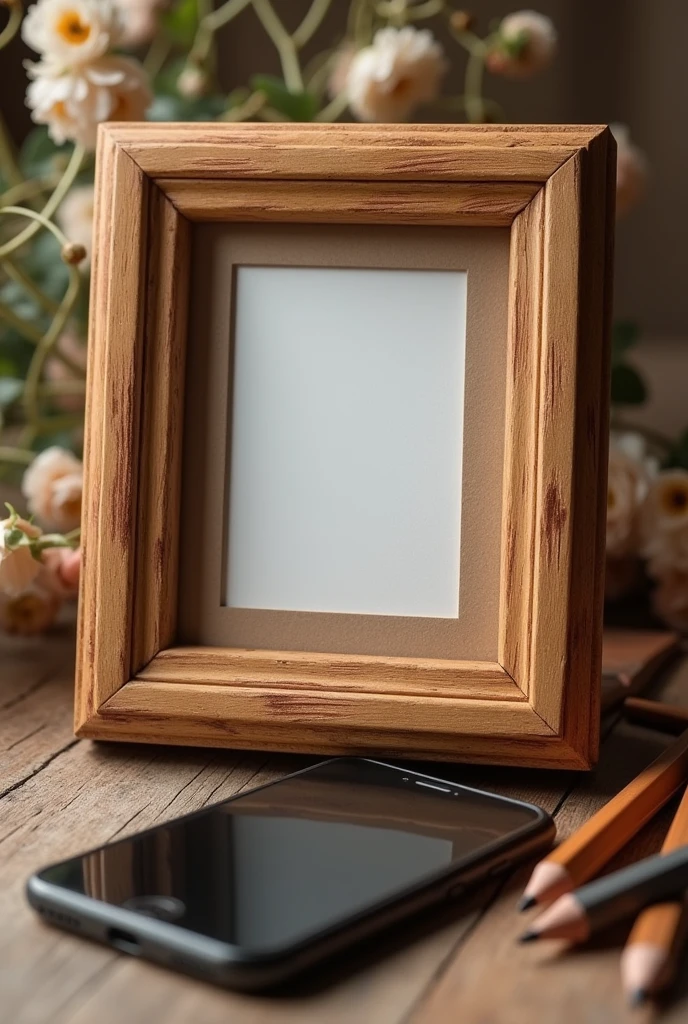 The wooden photo portrait that shapes love. Let the photo be on the back and at the bottom to place the cell phone horizontally and on the left and right side place the pencils.