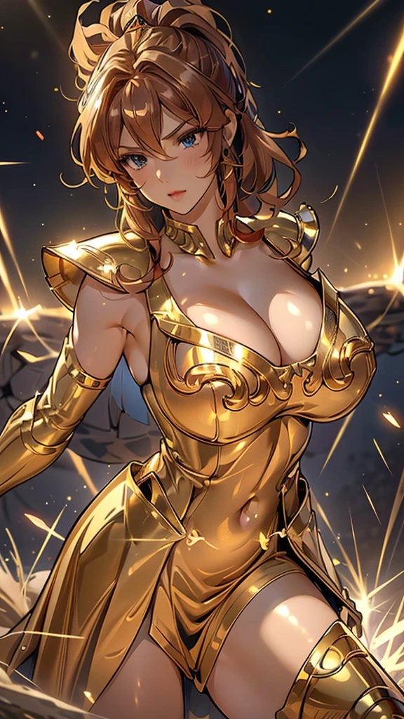 Gold Armor, 4K image, rallies, best quality, masterpiece, movie lighting ，Sexy，Large Breasts，Cleavage，action，In battle，cleavage，anger，noble，Light beams from hands，Golden lightning all around，red hair，ponytail hairstyle，Saint Seiya Leo Aiolia，Wink，lipstick