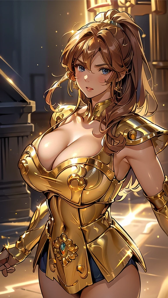 Gold Armor, 4K image, rallies, best quality, masterpiece, movie lighting ，Sexy，Large Breasts，Cleavage，action，In battle，cleavage，anger，noble，Light beams from hands，Golden lightning all around，red hair，ponytail hairstyle，Saint Seiya Leo Aiolia，Wink，lipstick