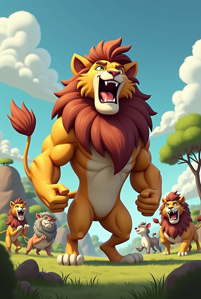 Detailed picture of a confident man anthro, (Lion, powerful body) standing proudly on the middle of the savanna, roaring with his mouth wide open. trending on Art Station, Ross Tran, ruan jia, foxovh, ((determined expression, the other animals are clapping and cheering in the background, cartoon