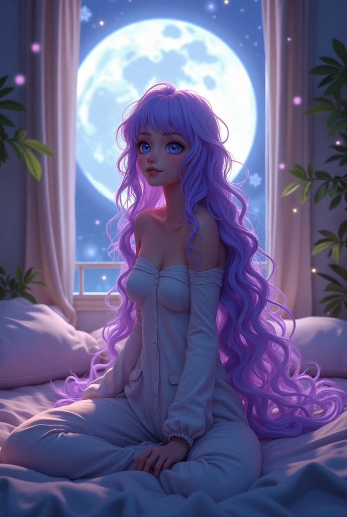 Make 3d anime, Lunox, a magical girl with purple hair and blue eyes, standing on the moon, digital art, highly detailed" beautiful woman, sitting on bed, wearing loose off-shoulder top, pajama pants, long curly hair, indoors, soft lighting, plants in background, window with sunlight, cozy room, relaxed pose, realistic, intricate details, warm colors, by Greg Rutkowski, by Alphonse Mucha