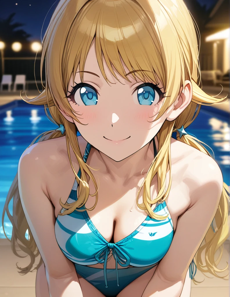 (masterpiece),(Highest quality),(Very detailed),(Best illustrations),(Best Shadow),(Absurd),(Detailed Background),(so beautiful), 
official style,
Hachimiya Meguru, 
the idolmaster shiny colors,
blonde,
Low Twintails,
Blue Eyes, 
Beautiful eyes in every detail,
chest,
smile,
(Swimwear:1.5),
alone,
Night Pool,
late night,
Background Blur, 
Close-up shot,
focus on face,
realistic skin,