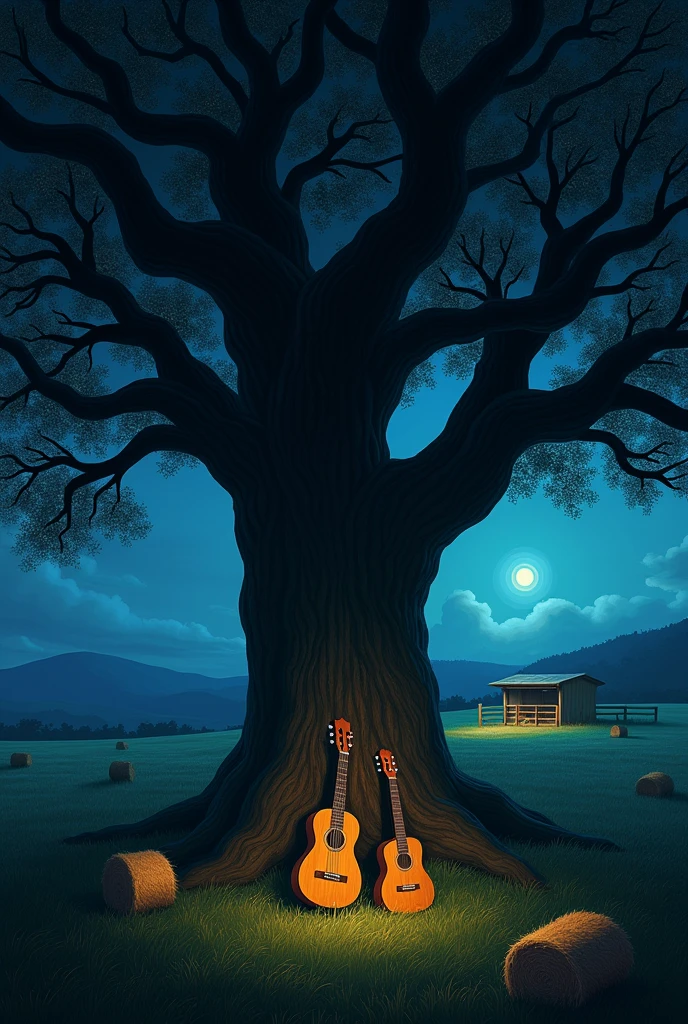 Big tree at night , a corral  , a guitar , tololoche and pasture bales 