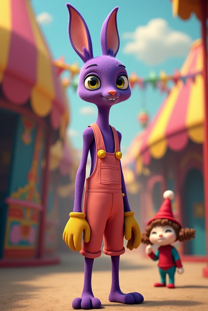 A tall, skinny, and purple rabbitiod with big yellow and black eyes, yellow gloves, and coral colored overalls with a light pink pocket, and two yellow buttons on it, with a colorful circus background with a short red and blue jester with a white round face and brown hair