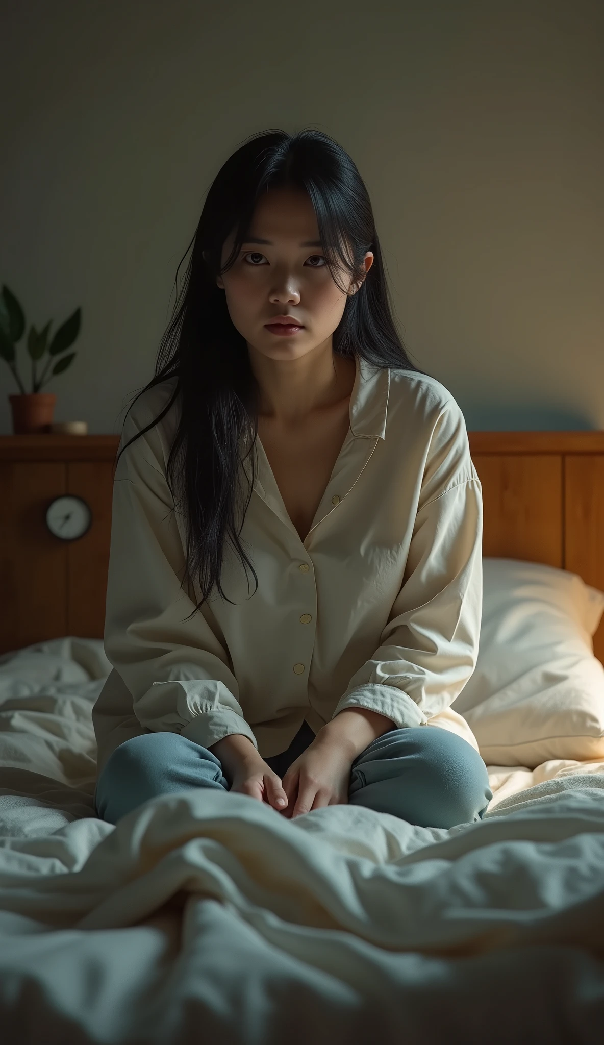 Not feeling good,Asian women, A little overweight, Warm colors, full body, sit on the bed
