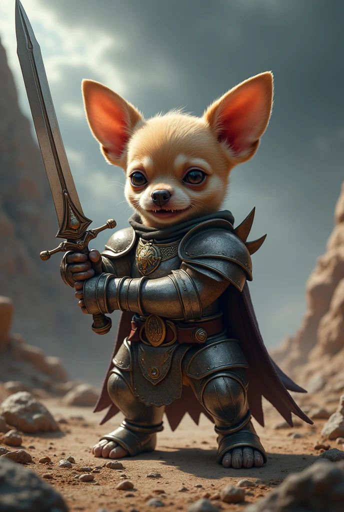 Create an image of an angry chihuahua with armor and a sword
