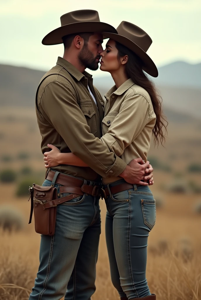 two cowboys wearing boots kissing. show full body