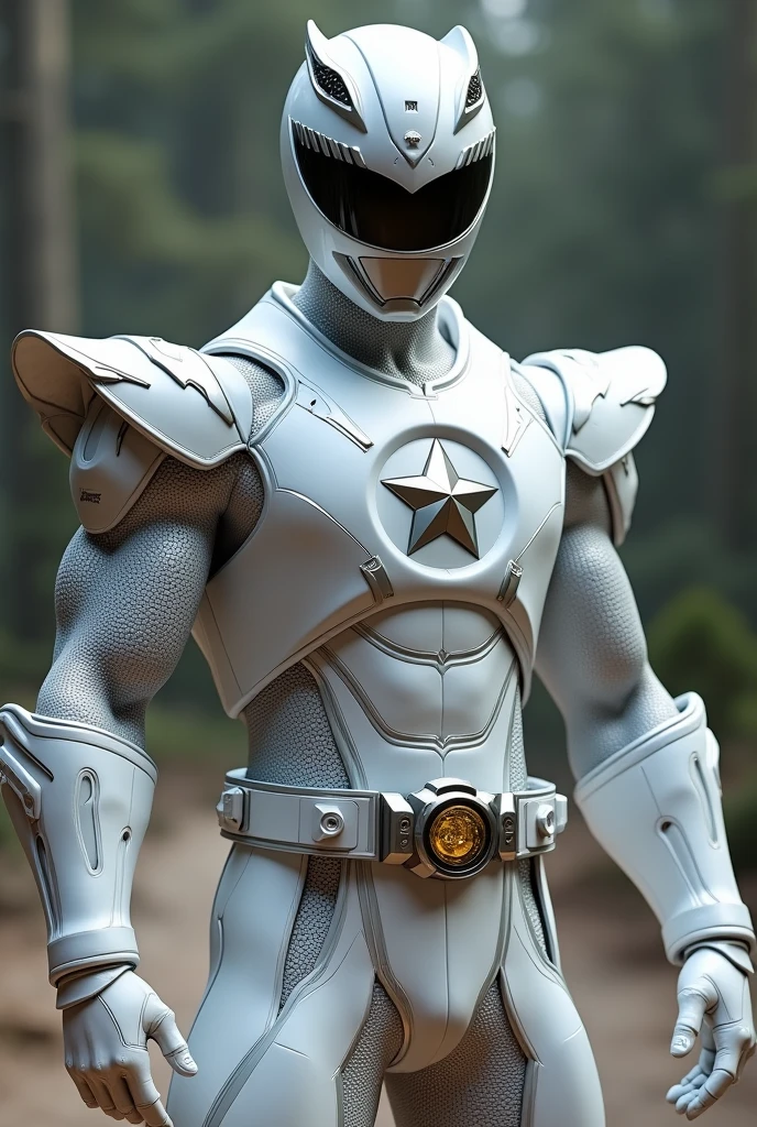 Full body photorealistic handsome hunky masculine white Power Ranger,,unreal engine, extremely attractive male wearing white and silver scales transparent mesh bodysuit, with embosed " star " on the chest, with belt and gloves and helmet,,,extremely masculine physique, intricately detailed metal body armour, super bulge, realistic skin, in action, fantasy background