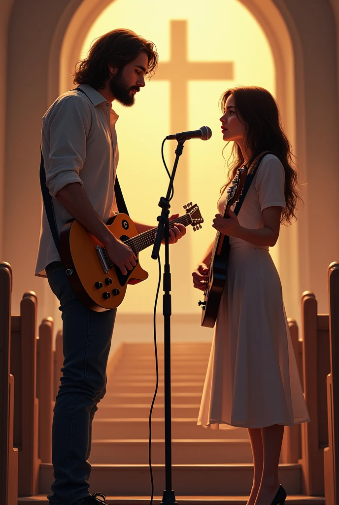 I want a young man with long hair, sem beard, with a Gibson Les Paul electric guitar and in front of it a microphone stand, He is looking to the side where there is a beautiful young woman with a guitar singing, both are in church, each one with their pedestal the young woman is looking forward and the young man looking to the side at her.