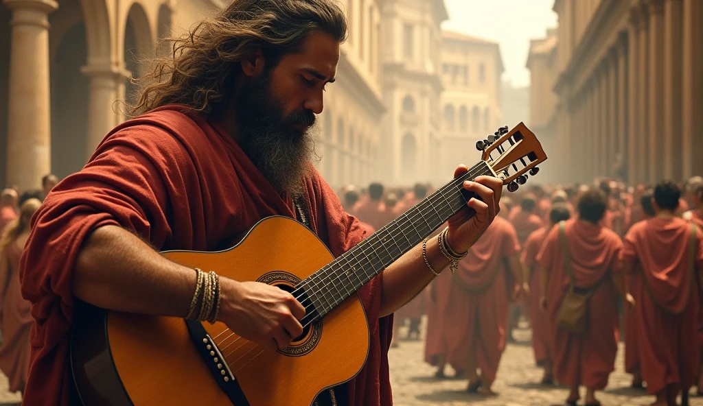 49 a.C Rome in chaos; man playing guitar