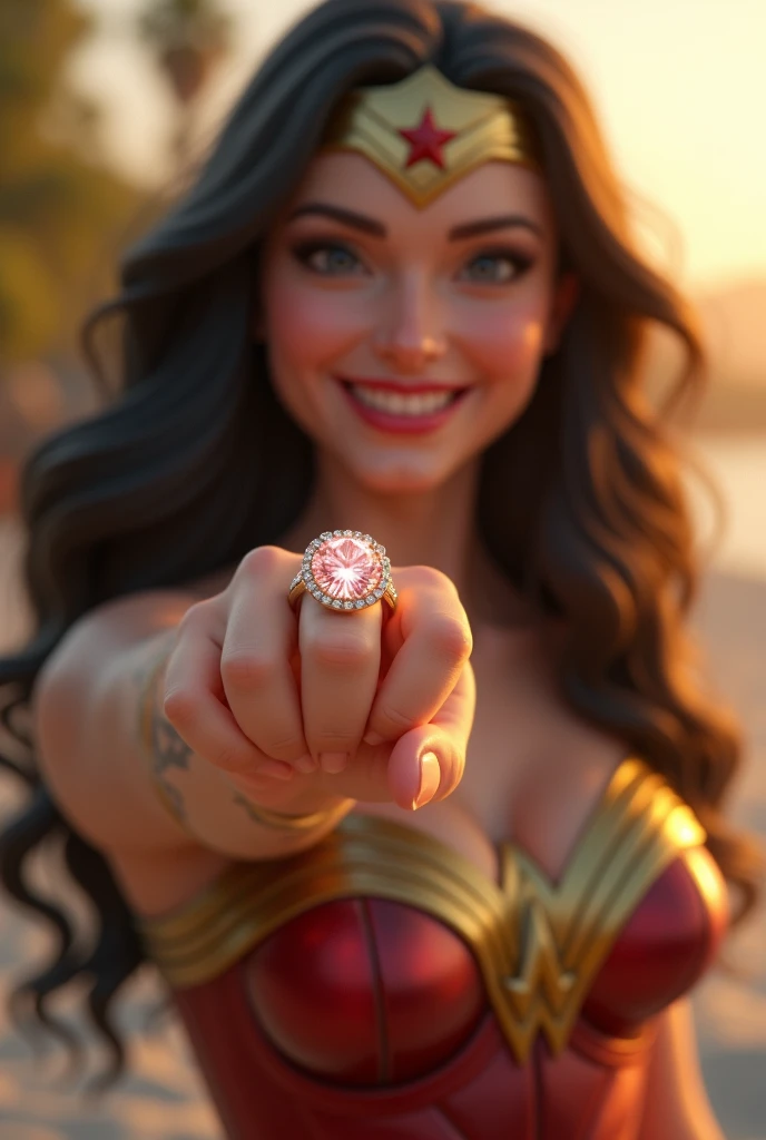 Wonder Woman showing off an engagement ring, happy face blushing with excitement, complete happiness, full engagement ring approach 