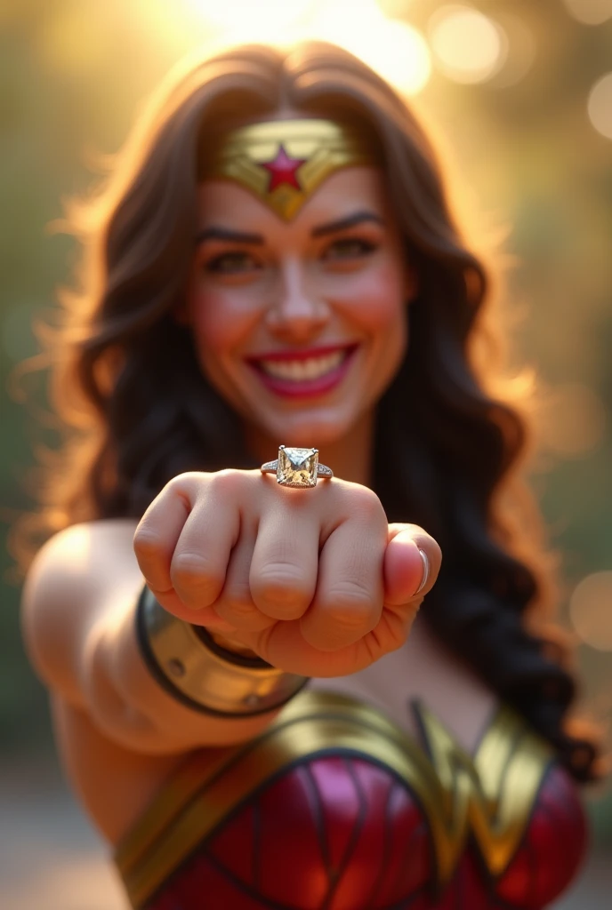 Wonder Woman showing off an engagement ring, happy face blushing with excitement, complete happiness, full engagement ring approach