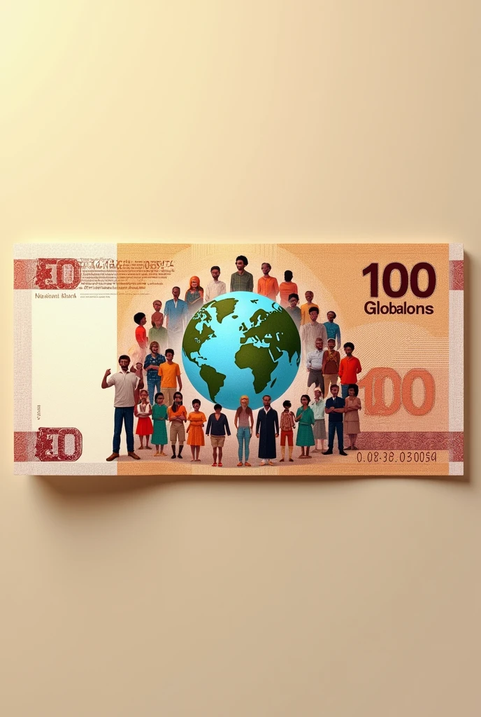 A horizontal 100 globalons banknote with a logo of a world with people of different ethnicities carrying it underneath, with a watermark of a dove in an upper right corner of the note, that says “National Bank”