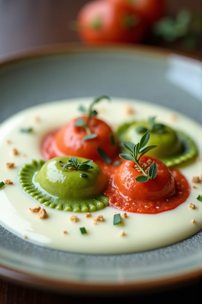 Image of green and red ravioli bathed in white sauce from a distance