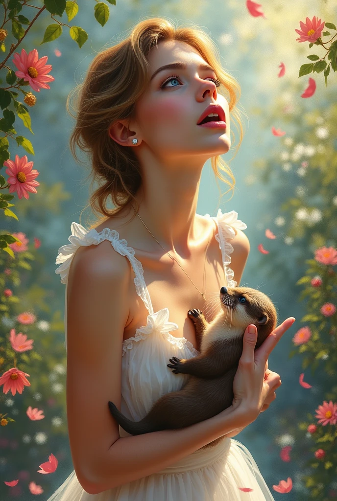 (safe for work)(full body picture, head to toe)(a woman in a sheer white dress looks surprised,startled,surprised,wondering,in awe,amazed,intrigued,curious,bewildered) (as an otter cuddles up,snuggles up,nuzzles into,settle down,rest,tucks itself,snuggles into,cuddle in) (between her breasts,against her chest,between her chest,close to her heart,close to her body,inside her arms) and goes to sleep. (material: oil painting,acrylic painting,canvas paint,watercolor painting) (additional details: beautiful garden,flower petals,floating petals,sunshine shining,sunlight filtering,glowing light,dappled light,soft breeze,peaceful) ((best quality,4k,8k,highres,masterpiece:1.2),ultra-detailed,(realistic,photorealistic,photo-realistic:1.37),vivid colors,HDR,sharp focus) (art style: realism,impressionism,romanticism) (color palette: pastel colors,soft hues,warm tones) (light: soft lighting,warm lighting,natural lighting)