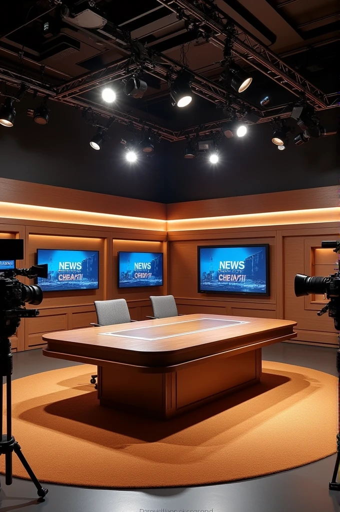 create a news studio. the colors must be different shades of brown. there's a table, TV's, and Cameras.