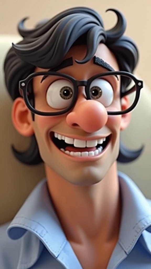 Cartoon character of a man in black glasses and blue shirt, animation character, stylized character, animation style rendering, 3d stylized, Arnold Maya rendering, Stylized 3D rendering, toon render screenshot, 3d character, 3d character, Stylized 3D rendering, 3D character rendering, cartoon character, Personagem de close up, character posing,  (Pixar-style) (master part:1.2) (bokeh) (best qualityer) (skin detailed) (detailed texture) (8k) (Argilla) (cinematic lighting) (sharp focus