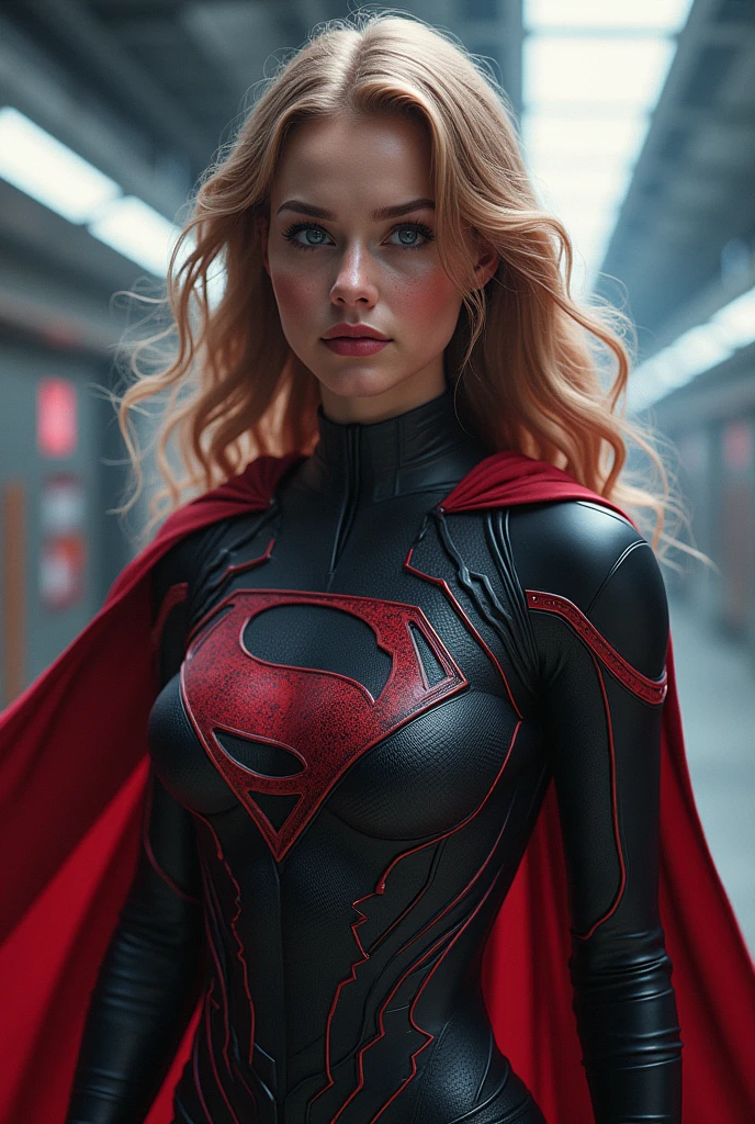 AN INCREDIBLY SEXY, CUTE AND SHY FUTURISTIC SUPERGIRL WEARING A SYNTHETIC SYMBIOTE SUPERGIRL COSTUME AND CAPE. ABSURD 8K DETIALS AND TEXTURES. MASTERPIECE.