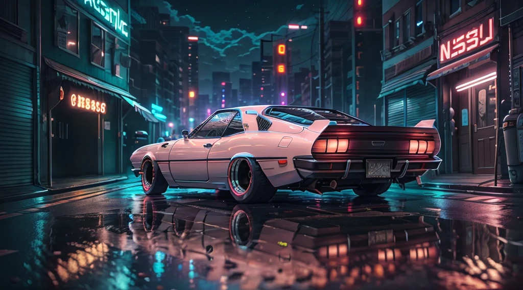 Reverse wave. citys, Nissan S30 1969, long body kit, Roadside, purple neon, floor, close up
(work of art, detailded, high resolution),