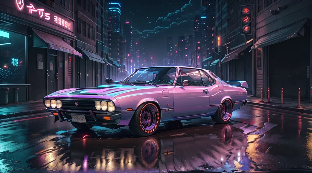 Reverse wave. citys, Nissan S30 1969, long body kit, Roadside, purple neon, floor, close up
(work of art, detailded, high resolution),