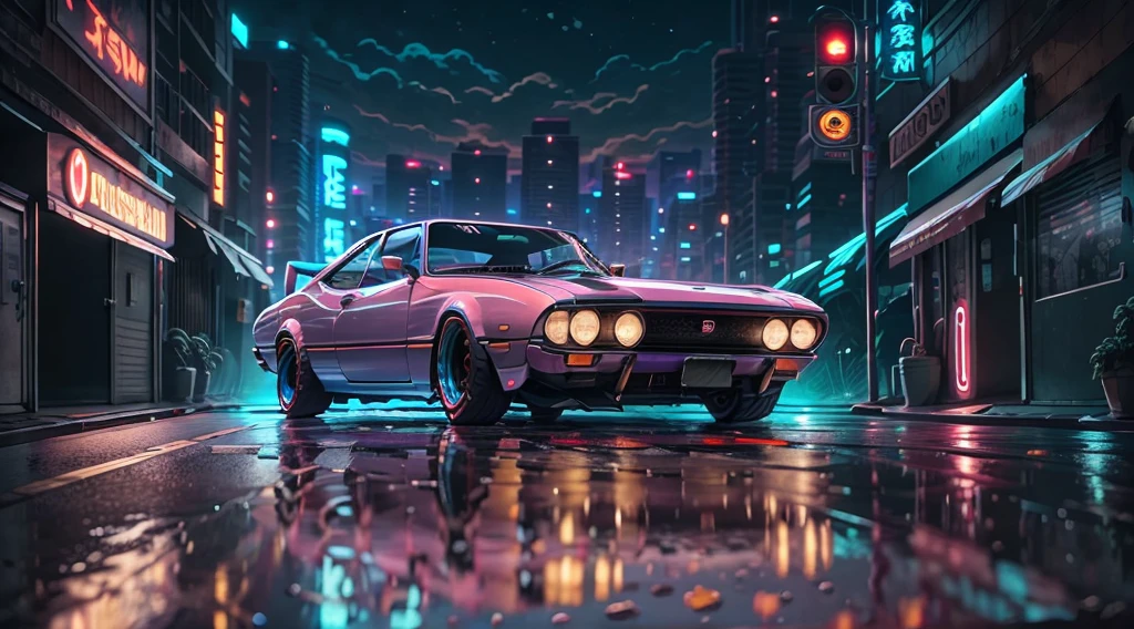 Reverse wave. citys, Nissan S30 1969, long body kit, Roadside, purple neon, floor, close up
(work of art, detailded, high resolution),