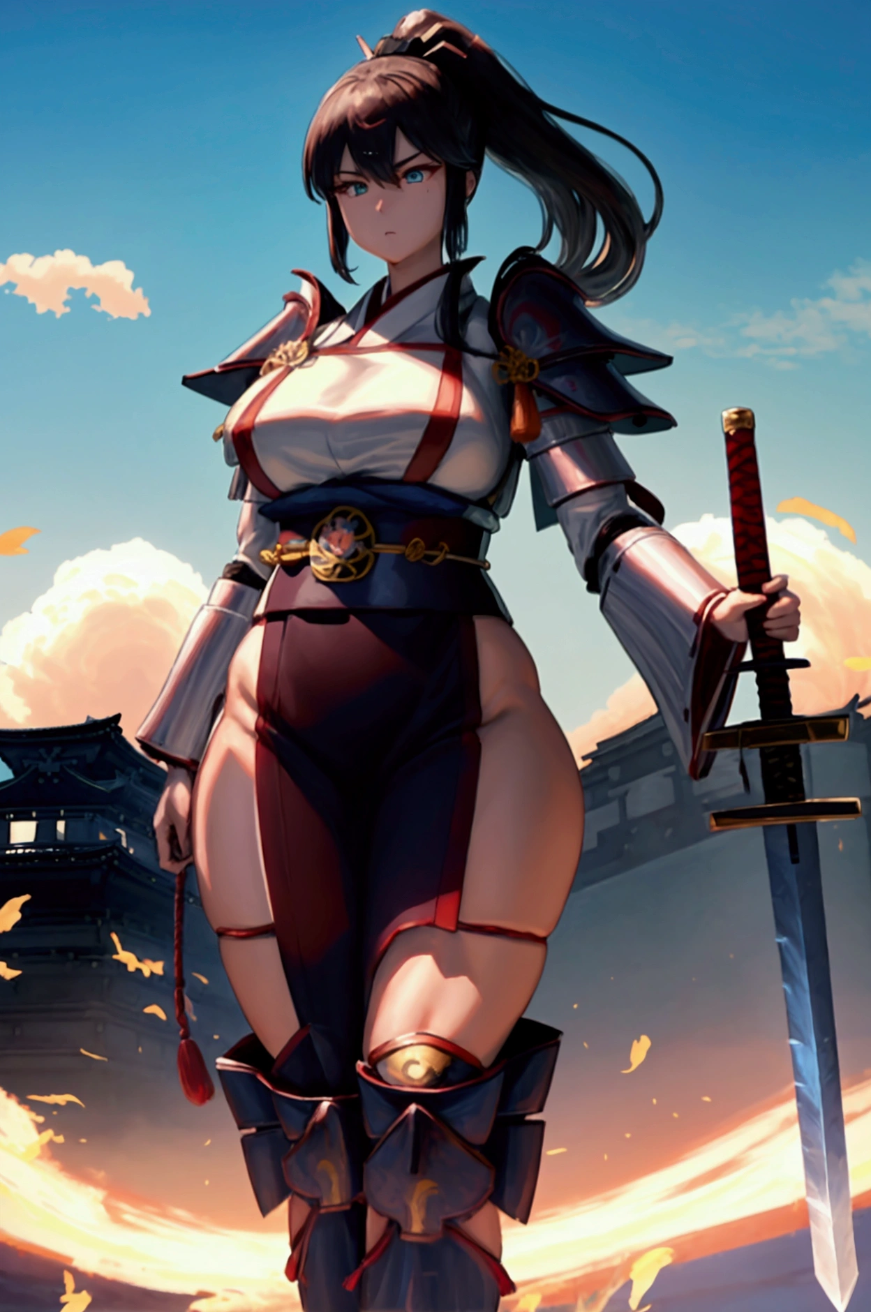 (Japanese women)、(Warrior Princess)、(Goddess of War)、(Black Hair)、(ponytail)、(Old Japanese Armor)、((Holding the Japan sword))、(True to prompts)、(Deluxe)、(Feminine hourglass curves)、(Muscular)、(Glaring with sharp eyes)、(unrealistic, Oversized breasts),(Outdoor)、(Remains)、((A large number of people))、(sunny)、(blue sky)、(Best lighting)、{{{Browsing Caution}}}、{{{masterpiece}}}, {{{Highest quality}}}, {{ultra-detailed}}, {{shape}}, {{{Very delicate and beautiful}}},{{extremely detailed CG}}、{{unity 8k portrait}}、{{Fabric Shading}}、{{super detailed skin}}、{{Perfect Anatomy}}、{{detailed}}、{{Dynamic Lighting}}、{{{beautiful detailed eyes}}}、{{{beautiful detailed Face}}}、(Perfect Face)、(非常にdetailedな顔)、(Perfect Eyes)、(Perfect Legs)、(Perfect breasts)、(Perfect pose)、(Perfect body)