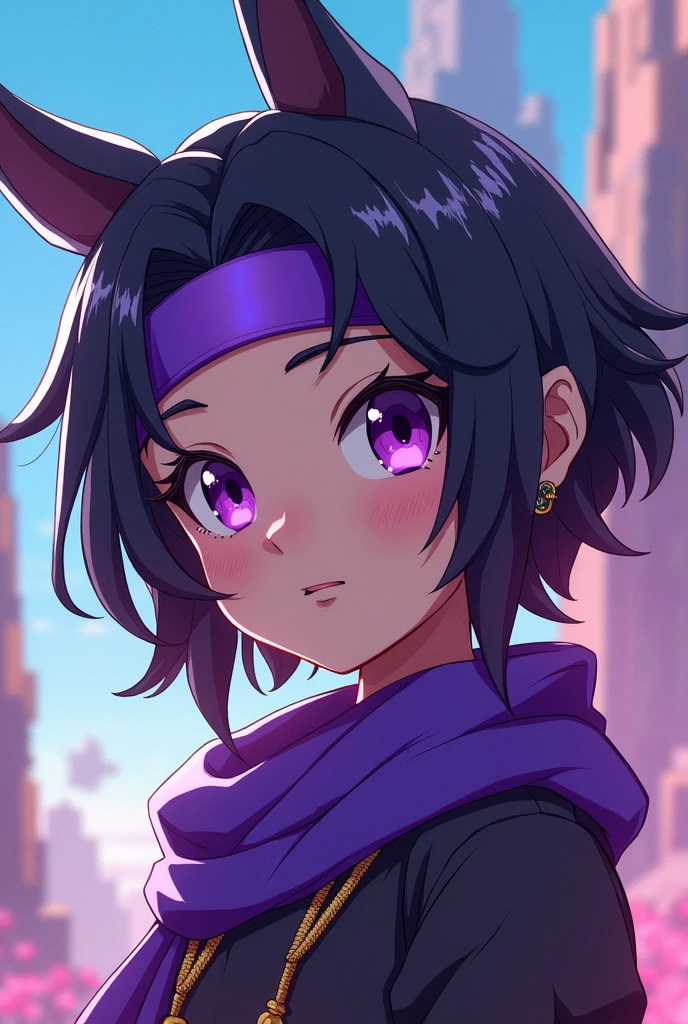 generate a charecter which wears a puple band in its head nad must a anime charecter .