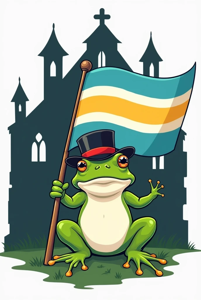 A green toad, with white belly, elegant, 2d, cheered up , seated, that holds in its paws a flag with horizontal stripes only in light blue, yellow and light blue. in that order. Let the toad have a typical American marching band hat, and in the background there is the silhouette of a ruined church. Let it be used as an emblem, so it is not very complicated to replicate