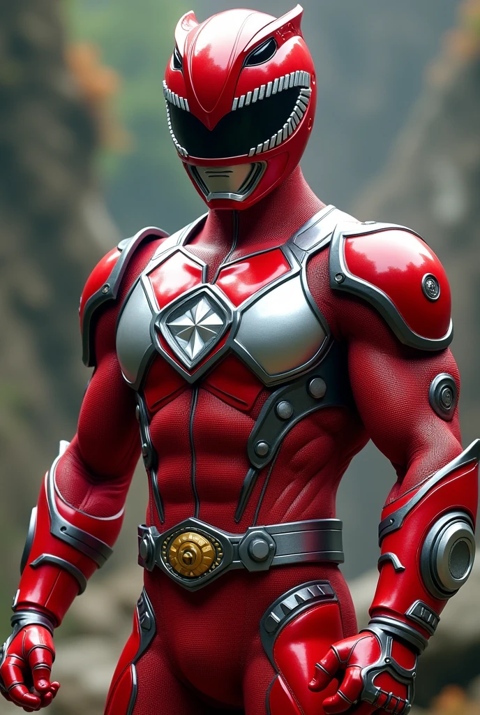  Full body photorealistic handsome hunky masculine red Power Ranger,,unreal engine, extremely attractive male wearing red and silver scales transparent mesh bodysuit, with embosed " star " on the chest, with belt and gloves and helmet,,,extremely masculine physique, intricately detailed metal body armour, super bulge, realistic skin, in action, fantasy background