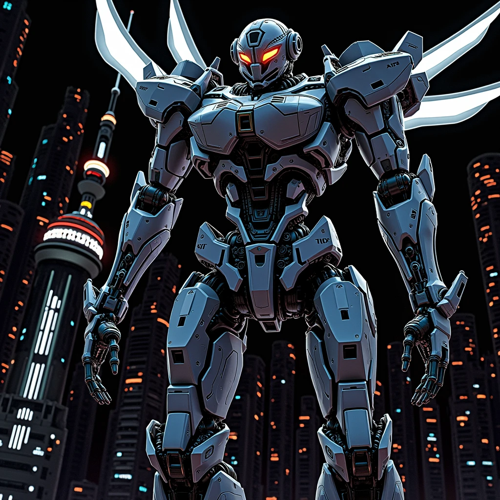 null, cloud, Holding_arms, no_human, Shine, , robot, building, Shine_eye, Mecha, science_fiction, city, Realistic,Mecha