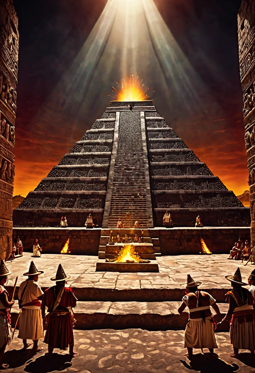 a detailed, intricate illustration of an ancient Aztec ritual in the Pyramid of the Sun, El Dorado, Mexico, with priests performing sacrificial ceremonies, detailed faces and robes, dramatic lighting, photorealistic, 8k, cinematic, baroque, chiaroscuro, dramatic colors