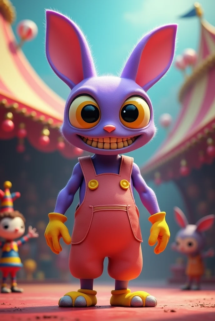 A tall, skinny, and purple rabbitiod with big yellow and black eyes, an oval shaped head with no nose or ears, a big smile with yellow colored teeth, yellow gloves, and coral colored overalls with a light pink pocket, and two yellow buttons on it, with a colorful circus background with a short red and blue jester with a white round face and brown hair