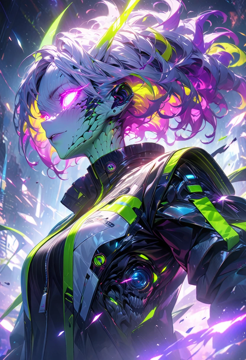 glowing eyes, colourful glowing hair, wearing sci-fi jacket, anime style, high detail, Futurism, glowing light, UHD, retina, masterpiece, ccurate, anatomically correct, textured skin, super detail, high details, high quality, award winning, best quality, highres