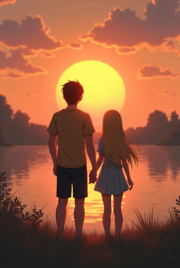 The one with brown hair and short hair is a little bigger than the one with blonde hair and they are watching the sunset and the one with blonde hair who has long hair is a little smaller than the one with brown hair.