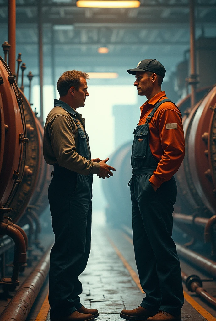 A man was talking to a ship's engineer Engineers had engineering clothes on their heads