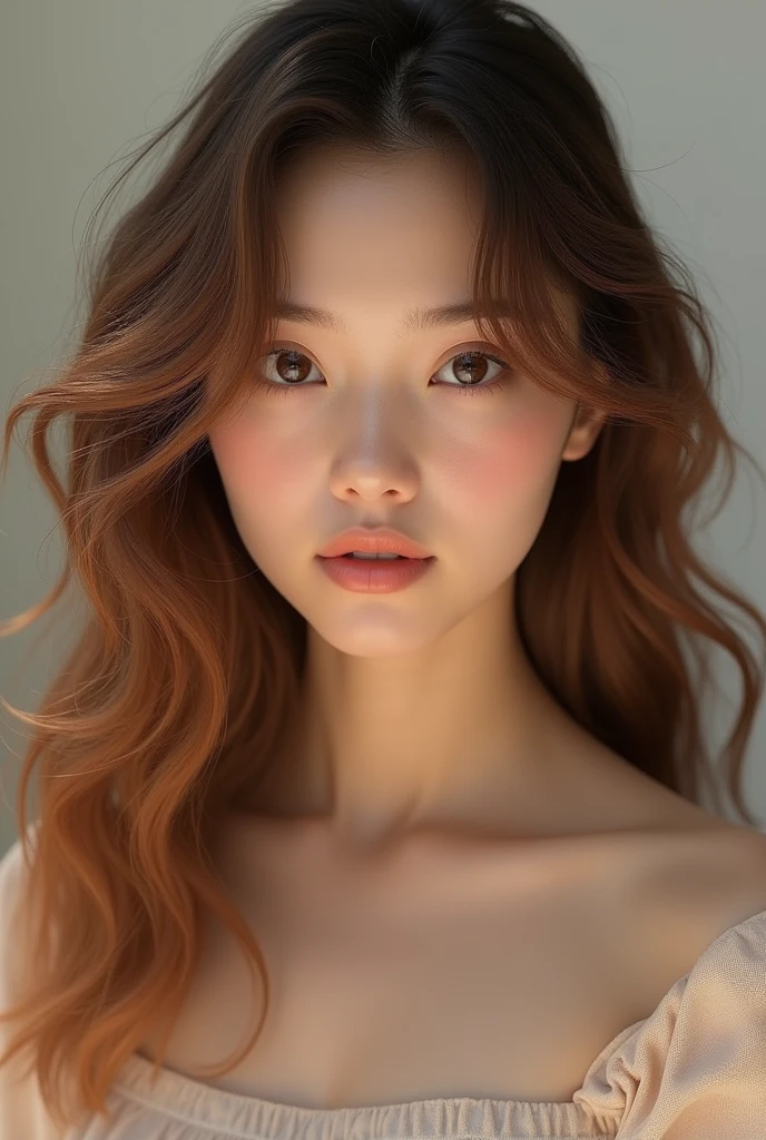 Light brunette girl with wavy brown hair with copper tips