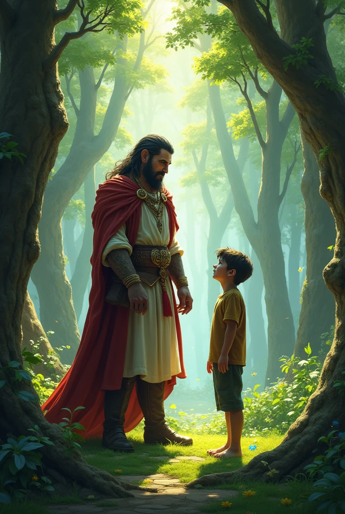 A powerful leader giving an invitation to a young, new adventurer in a forest