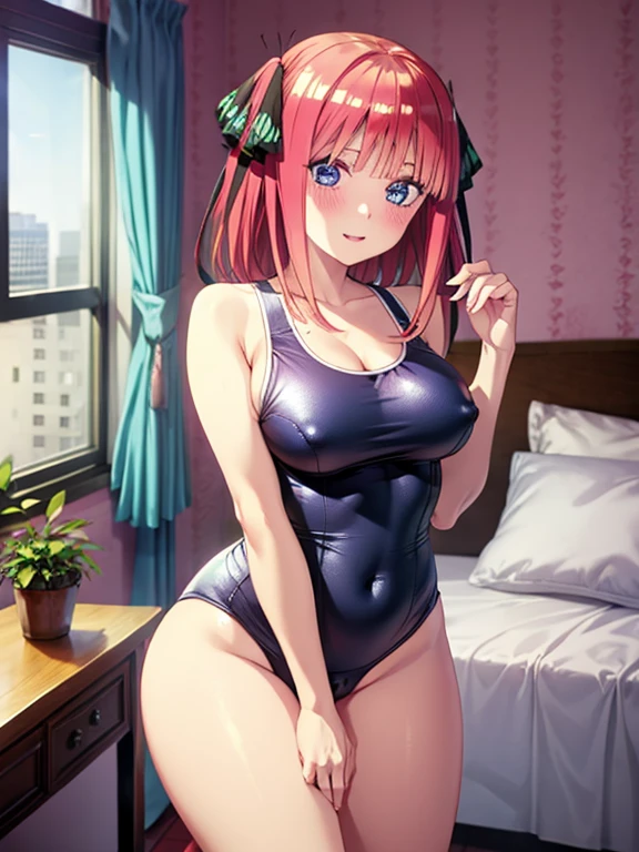 best quality, insanely detailed, nino nakano, breasts, blush, bedroom background, looking at viewer, cheerful eyes,arousal, one-piece swimsuit, old school swimsuit, pussy, nsfw