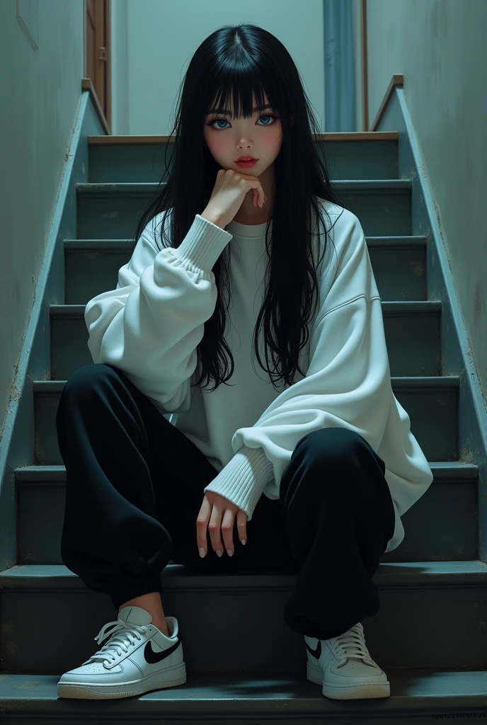 A tall, cool teenager with his hands in his pants pocket. He wears a long white sweater, wears long, loose black pants and also sports shoes. Her hair is black and long down to her neck., your eyes are blue and your skin is white. In this scene he is sitting on a staircase in an apartment while his hand is placed on his chin as if he is bored..