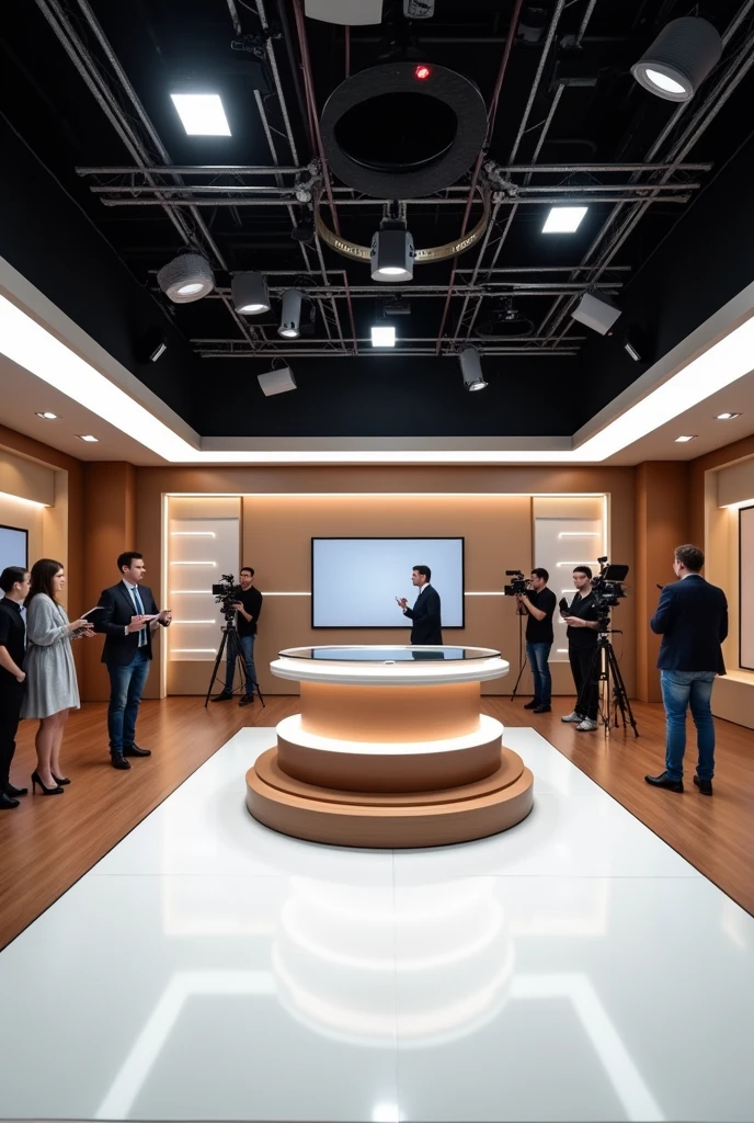 create a news studio. the colors must be different shades of brown and also grey. there's a table, TV's, and Cameras. The floor must be white