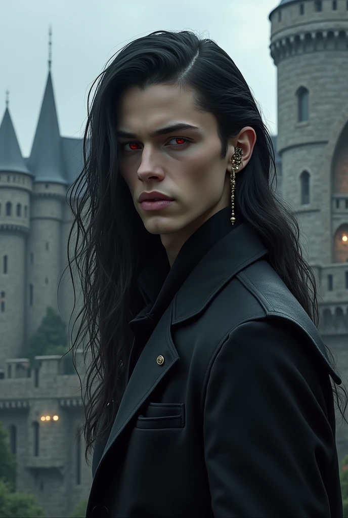 a tall young man with long black hair,first olive,earrings in the right ear,he is smiling sideways showing pointy teeth,ruby eyes and he is near a castle