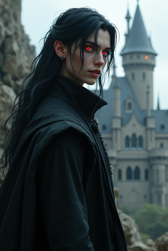 a tall young man with long black hair,first olive,earrings in the right ear,he is smiling sideways showing pointy teeth,ruby eyes and he is near a castle