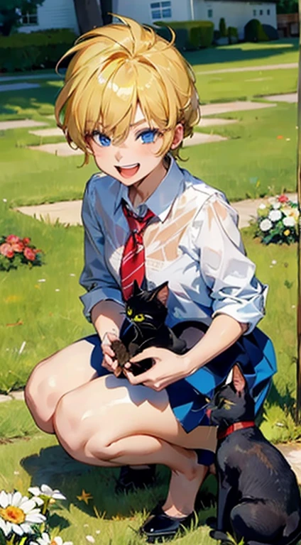 masterpiece, ultra high quality:1.5, ((best quality)), 1girl(20years old), ((8k)), ((blonde hair(long), (messy))), collared white shirt, face focus, blue eyes, holding(1 black cat), looking at viewer, laughing, happy smile, on grass