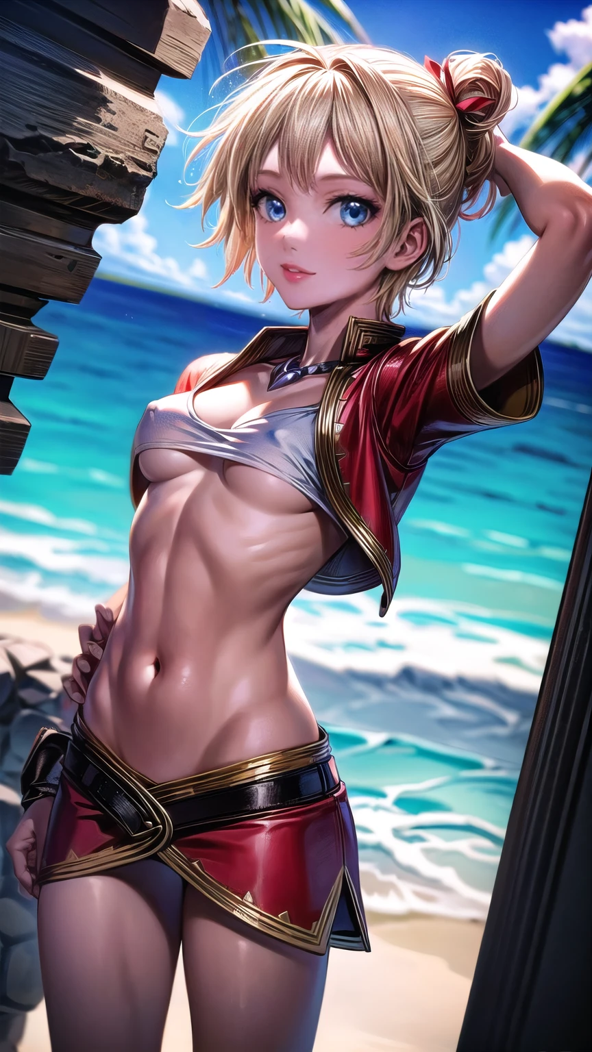 1 adult woman, character "kid" from chrono cross, 20 years old, (mature face), yellow hair in a high braided ponytail, (medium-small bust:1.4),standing on white sandy beach, in various fighting poses, fitted jacket 3/4 cropped, white top under jacket, tight fitting micro skirt, loose leather boots, ankle wraps, detailed face, detailed eyes, detailed lips, highly detailed, 8k, ultra-detailed 90s era anime style, cinematic lighting, vivid colors, dramatic shadows, masterpiece, award winning art, wide angle, (full length portrait), strong_negative, micrsk3rt,  underboob, navel, no bra 