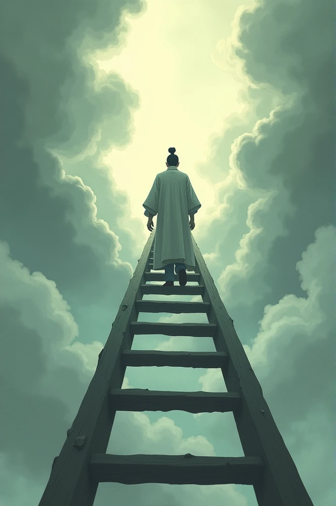 one  men, Cao Cao,.Scrawny, offwhite, hair combed to the side with a topknot, climbing a ladder that goes up to heaven 