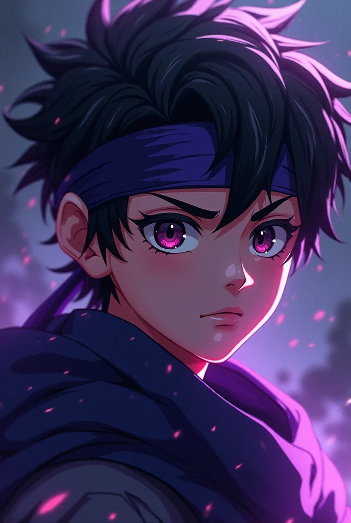 a young anime boy with purple headband, deadly aura, hyperrealistic, detailed face, beautiful eyes, striking expression, dark clothing, mysterious background, cinematic lighting, dramatic shadows, digital painting, concept art style, vibrant colors, moody atmosphere, fantasy theme